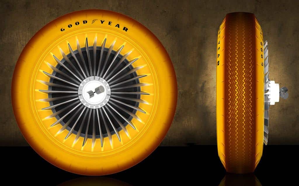 Goodyear glow-in-the-dark tires from the side and front on.
