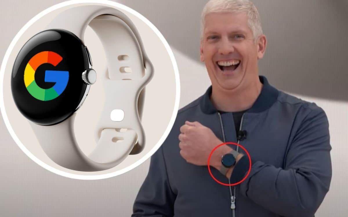 A Google Pixel Watch as an inset with Rick Osterloh.