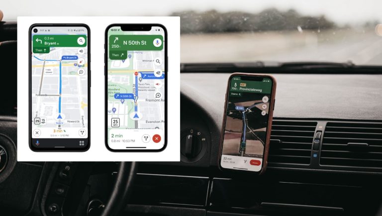 Google Maps show on a phone in a cradle inside a car with an inset of the new app update.