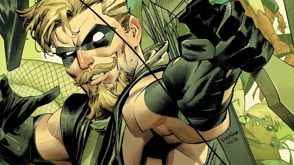 The Green Arrow from DC Comics fires his bow.