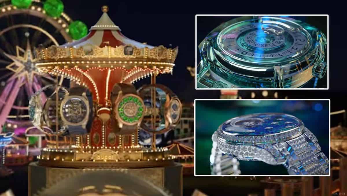 New Gucci watches pictured in a carousel scene.