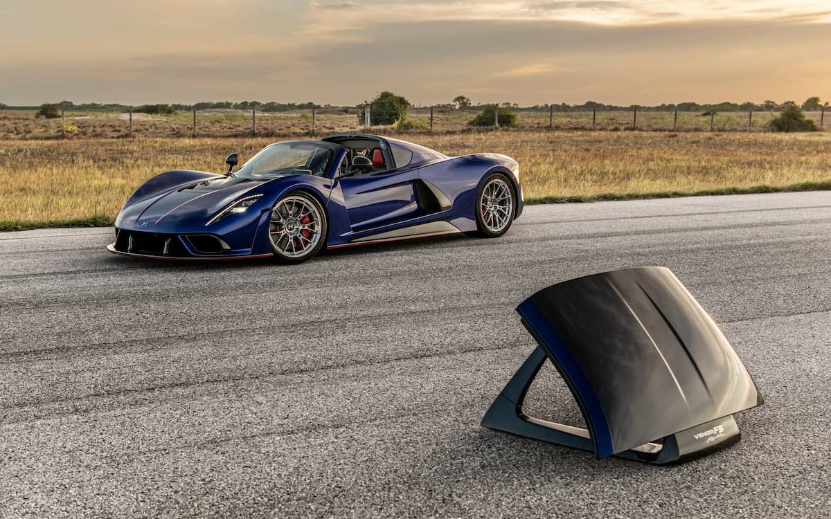 The Venom F5 Roadster's removable roof panel on its display stand