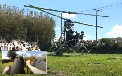 Man takes insane homemade helicopter he created in garden shed on test flight