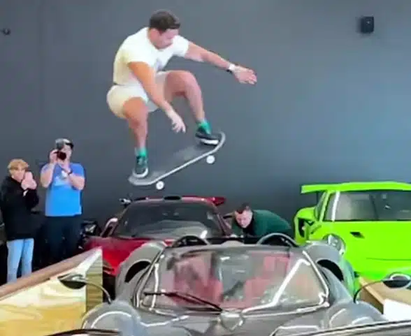 Michigan skateboarder jumps over Pagani supercar