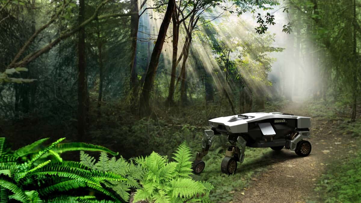 Hyundai's 4x4 robot in a forest environment.