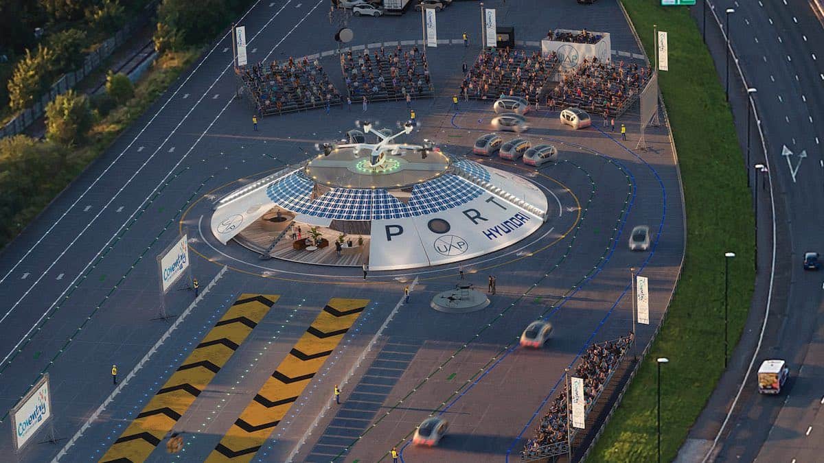An aerial view of the flying taxi airport concept with Hyundai branding on it.