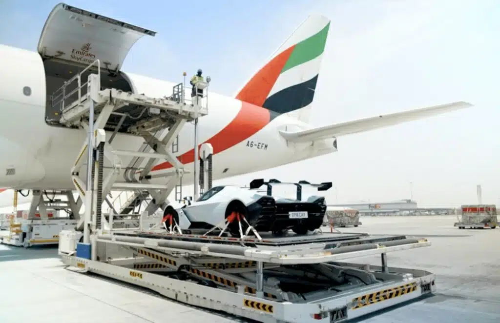A pink Porsche GT3 RS was seen receiving car transport on an Emirates A380, joining other supercars flying with the luxury airline across the globe