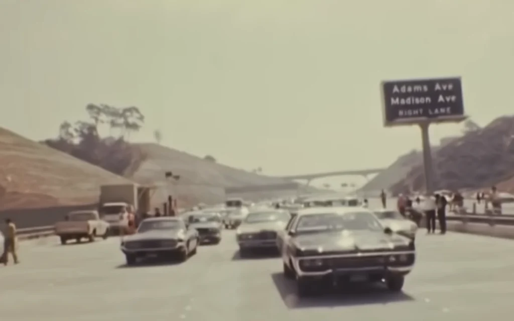Archive footage shows moment San Diego eight lane freeway, the Interstate 805, opened in 1972 shaping American travel forever