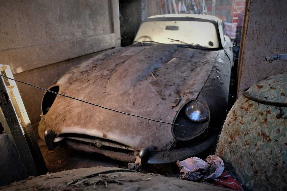The E-Type Jaguar was crammed into a small space in an English shed.
