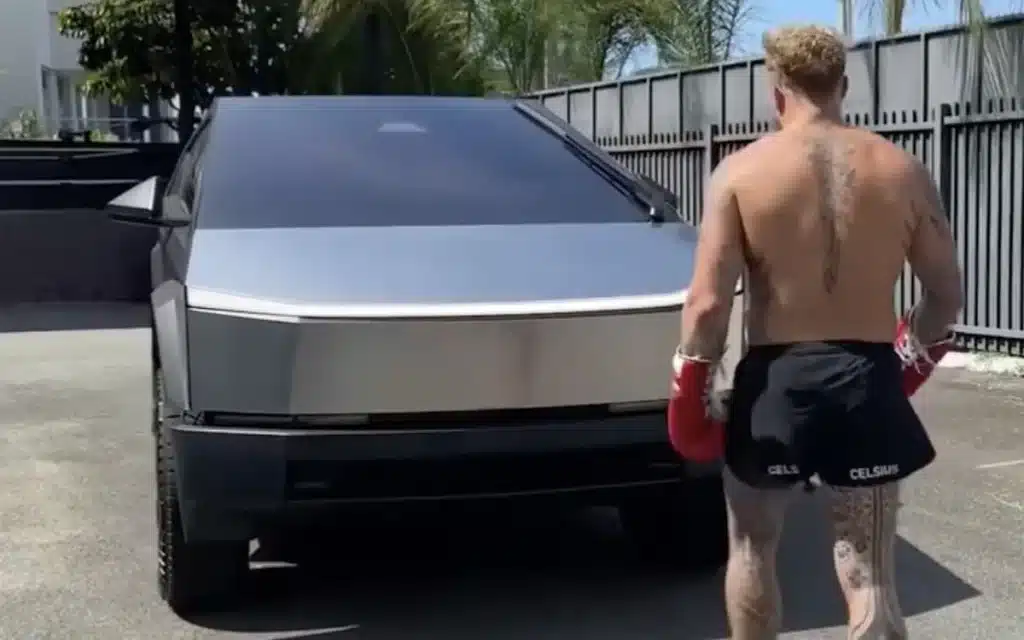 Jake Paul shares bizarre video of him fighting a Tesla Cybertruck to promote his next fight
