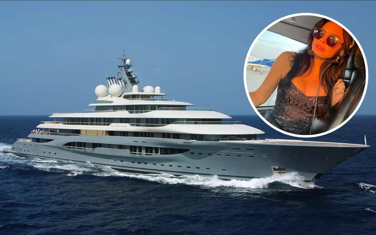 Lauren Sanchez in an inset with a photo of the Flying Fox yacht.