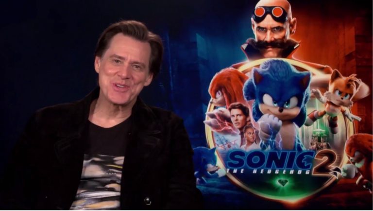 Jim Carrey with a Sonic The Hedgehog 2 graphic in the background.