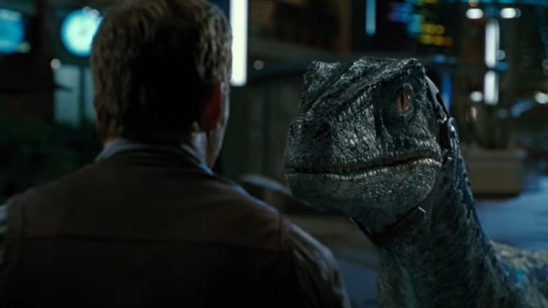 The velociraptor in Jurassic World with the back of Chris Pratt's head.