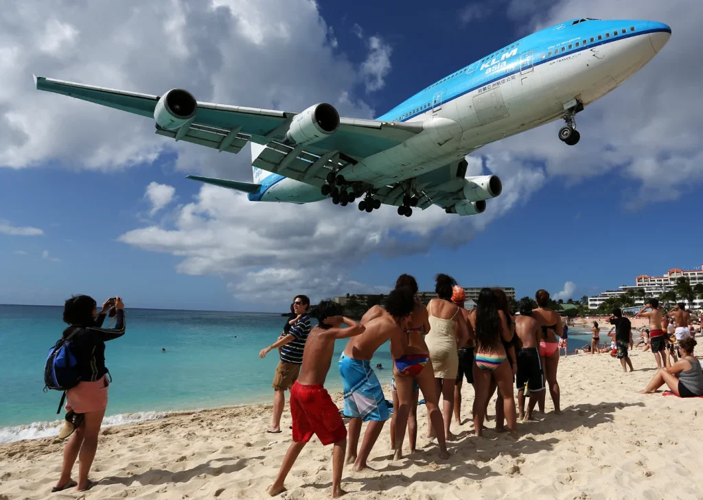 KLM Boeing 747 landing on runway at St. Maarten