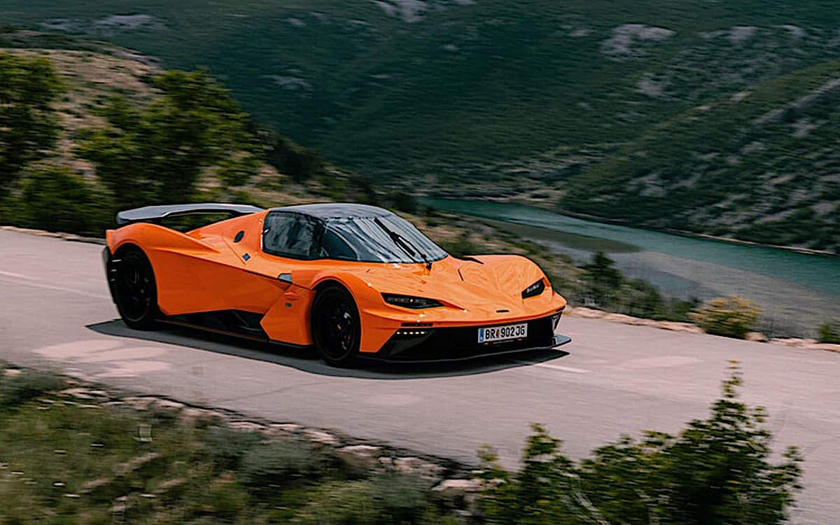 KTM X-Bow GT-XR driving on a mountain road