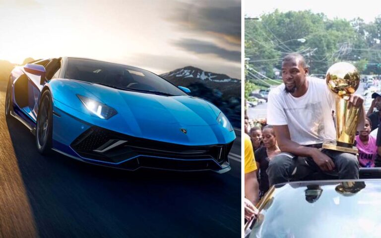 Lamborghini Aventador, left, and Kevin Durant sitting in a Corvette, right