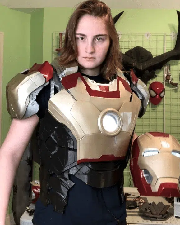 Kiara wearing her homemade ironman suit