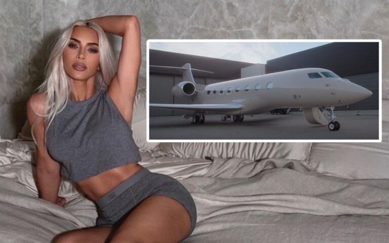 Kim Kardashian is pictured with an inset of her private jet.