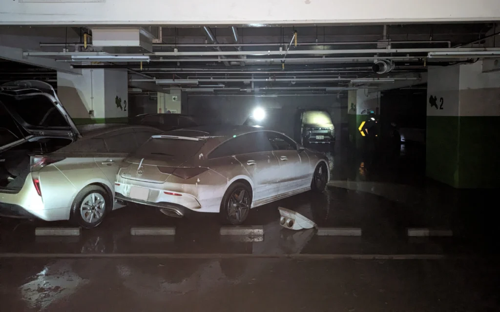 There were hundreds of totaled cars as Kusunoki Parking, a parking lot in Japan, was overwhelmed by record rainfall and suffered from flooding