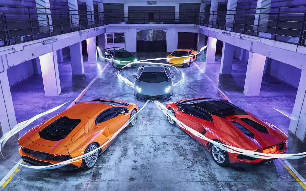 Five different versions of the Aventador parked together