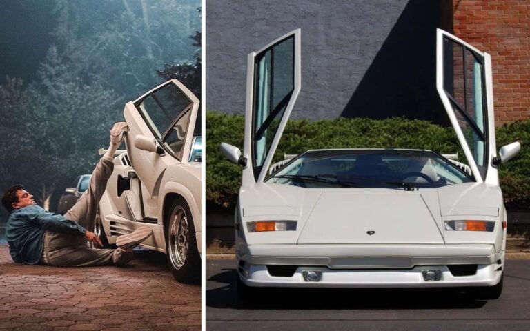 Lamborghini Countach in white next to Wolf of Wallstreet scene.