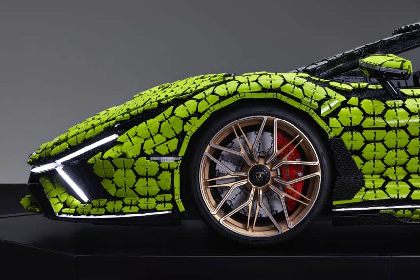 The front wheel of the Lego Lamborghini.