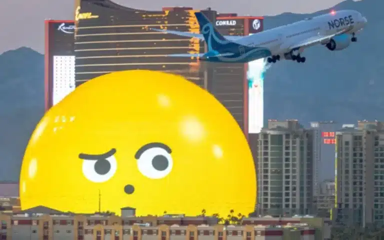 Photographer captures stunning moment Las Vegas Sphere appears to 'react' as plane takes off