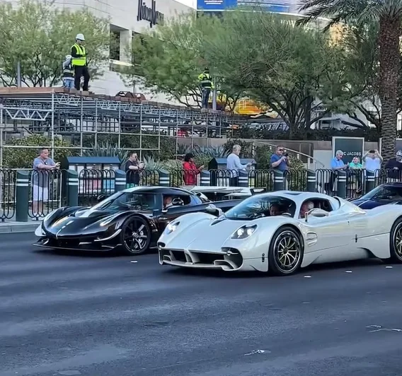 Christian Von Koenigsegg and Horacio Pagani side by side in brand new cars shut down Vegas strip