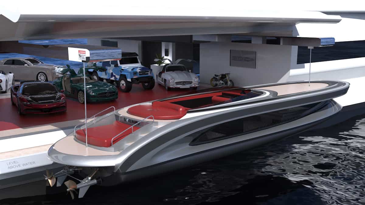 The Sovrano contains a six-car garage, which is pictured, with a boat moored next to it.
