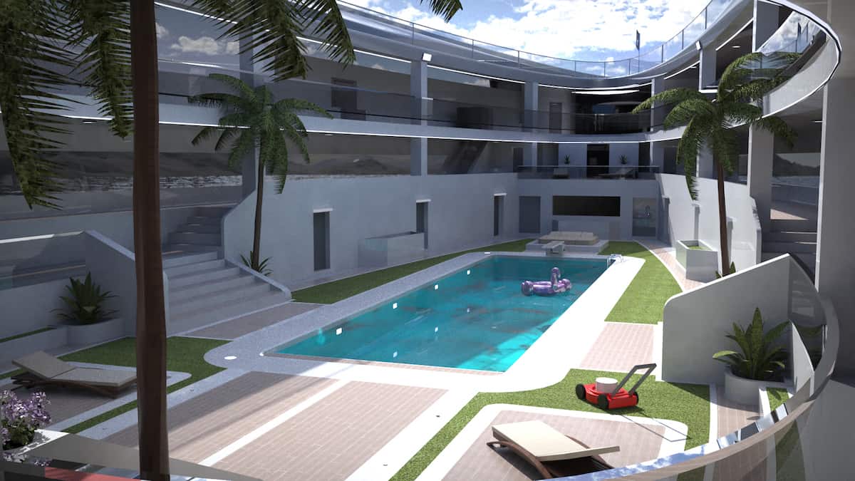 A concept image of the Lazzarini yacht, showing a hidden resort with palm trees and a sunken pool.