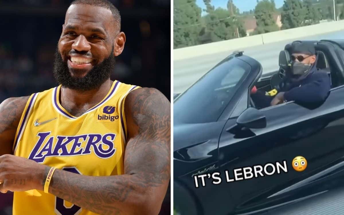 LeBron James pictured left and right driving down the highway in his convertible.