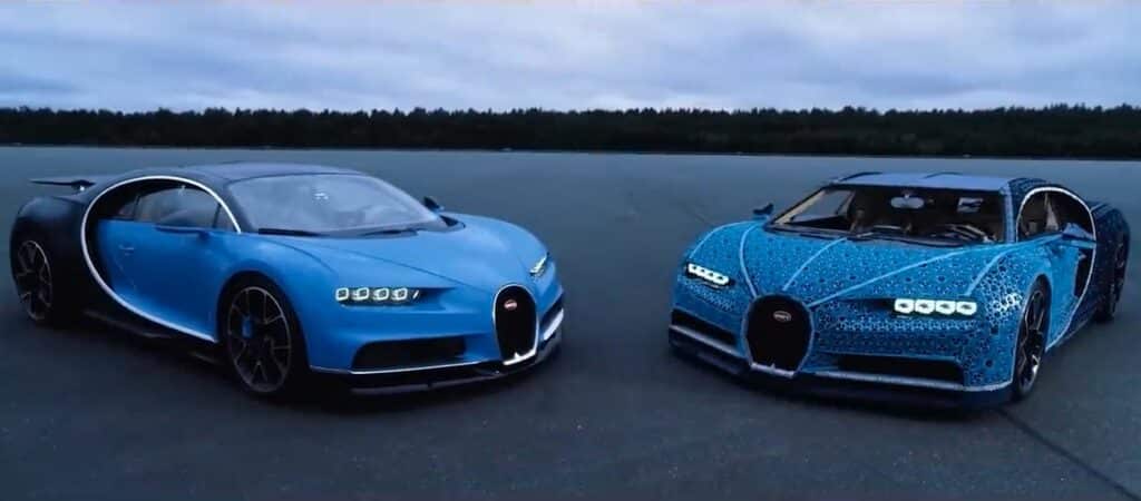 Bugatti Chiron next to Bugatti Chiron made out of LEGO