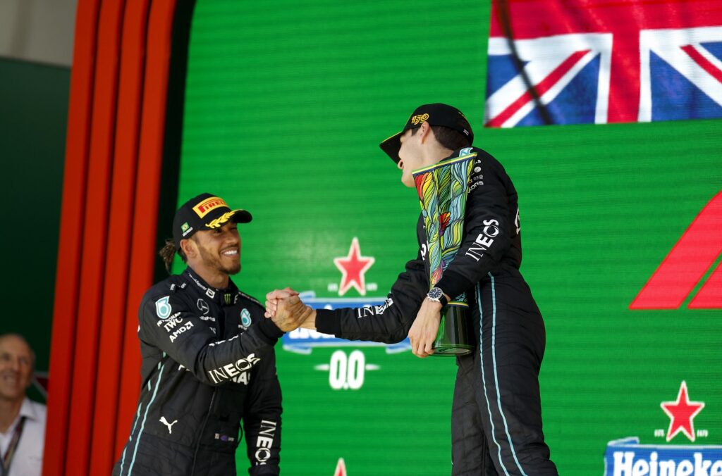 Lewis Hamilton congratulating Russell