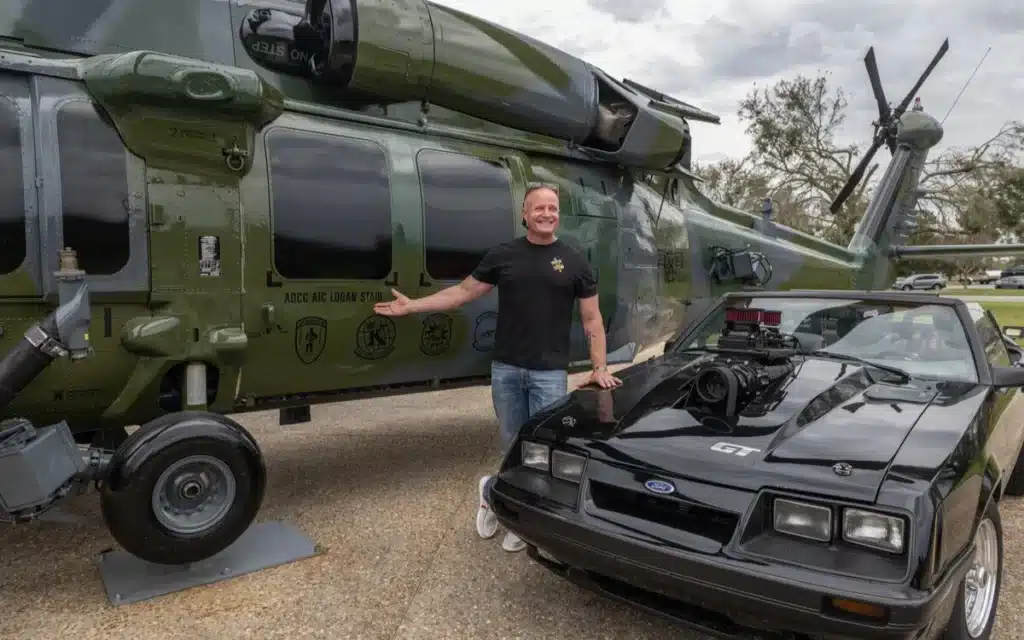 This retired rescue helicopter and hot rod Mustang are a tribute to a US Air Force mechanic
