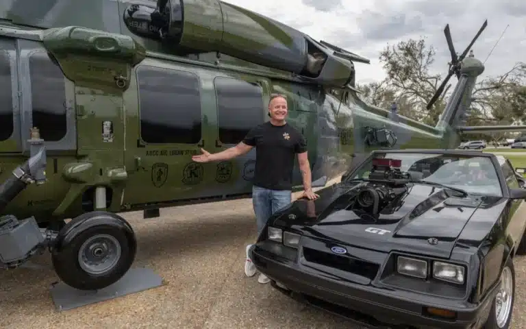 This retired rescue helicopter and hot rod Mustang are a tribute to a US Air Force mechanic