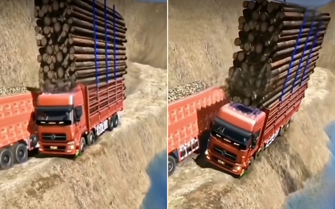 Watch this logging truck miraculously stay on all four wheels on the edge of a cliff