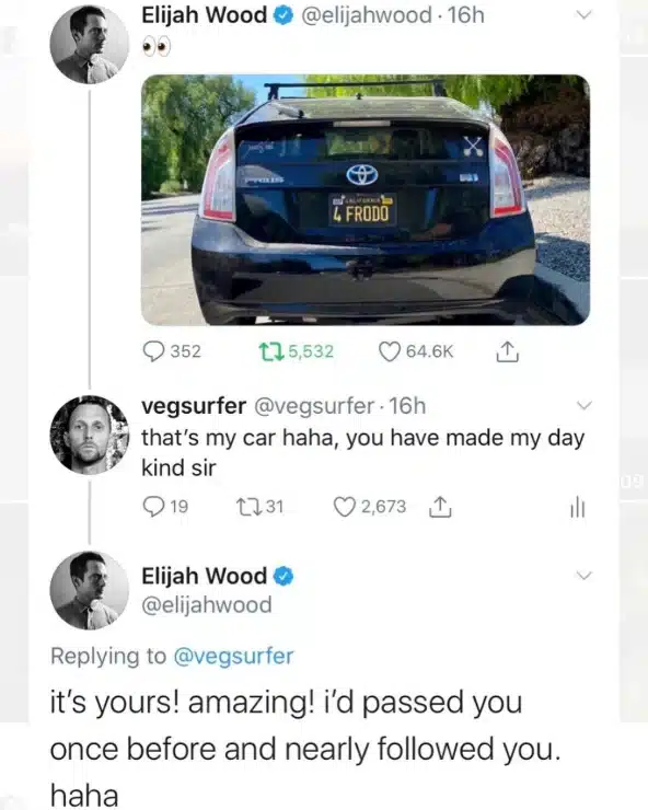 California man with 'Lord of the Rings'-themed license plate had his day made when Elijah Wood saw it