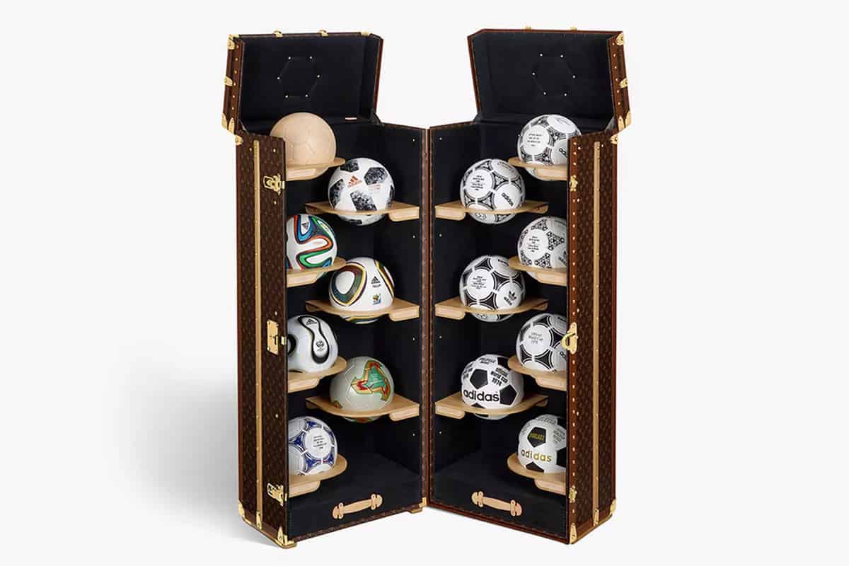 Louis Vuitton World Cup ball trunk, all 13 balls on display