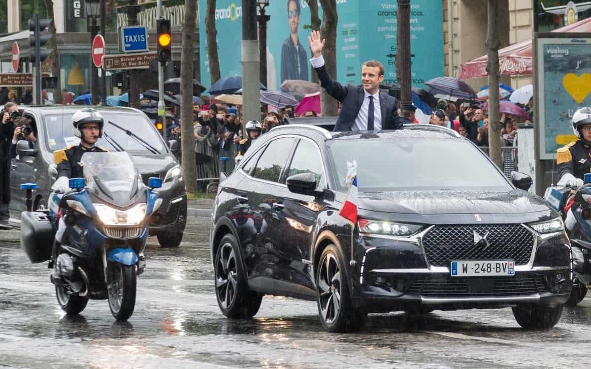 French President Emmanuel Macron in his DS 7 Crossback Elysee.