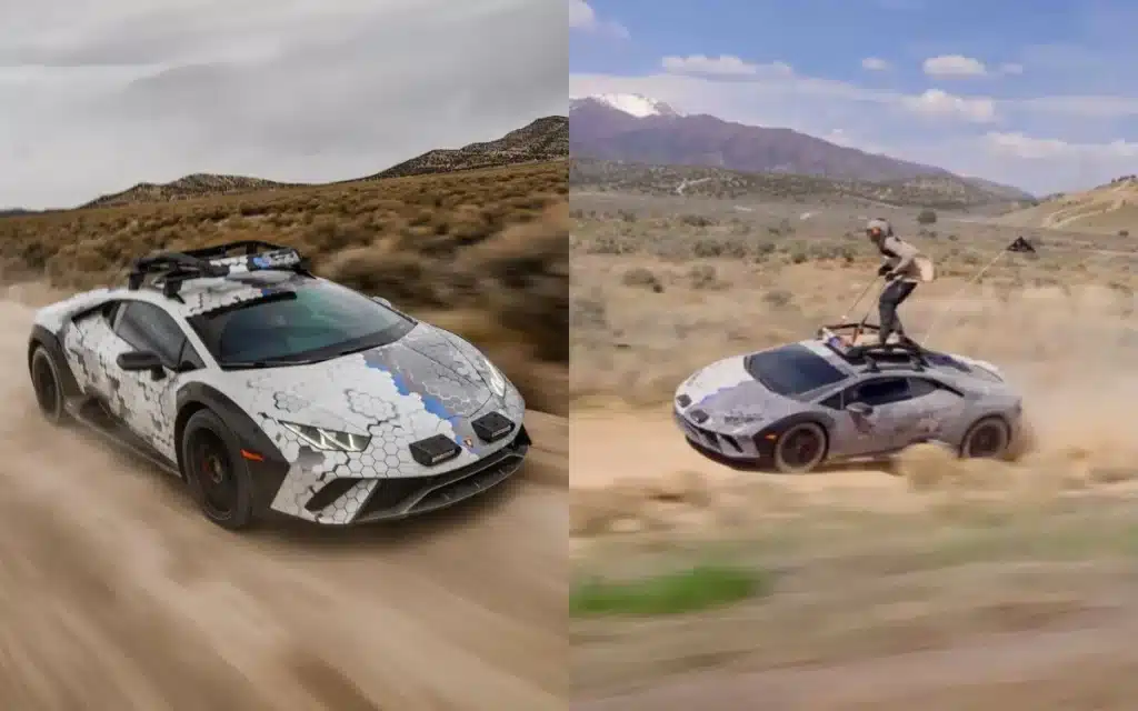 Man-rides-a-supercharged-Lamborghini-Sterrato-like-a-skateboard