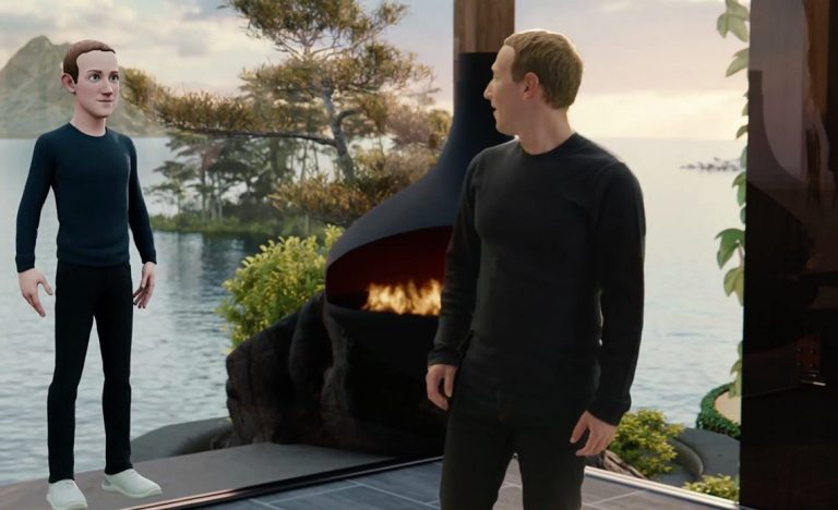 Mark Zuckerberg looking at his avatar in the Metaverse