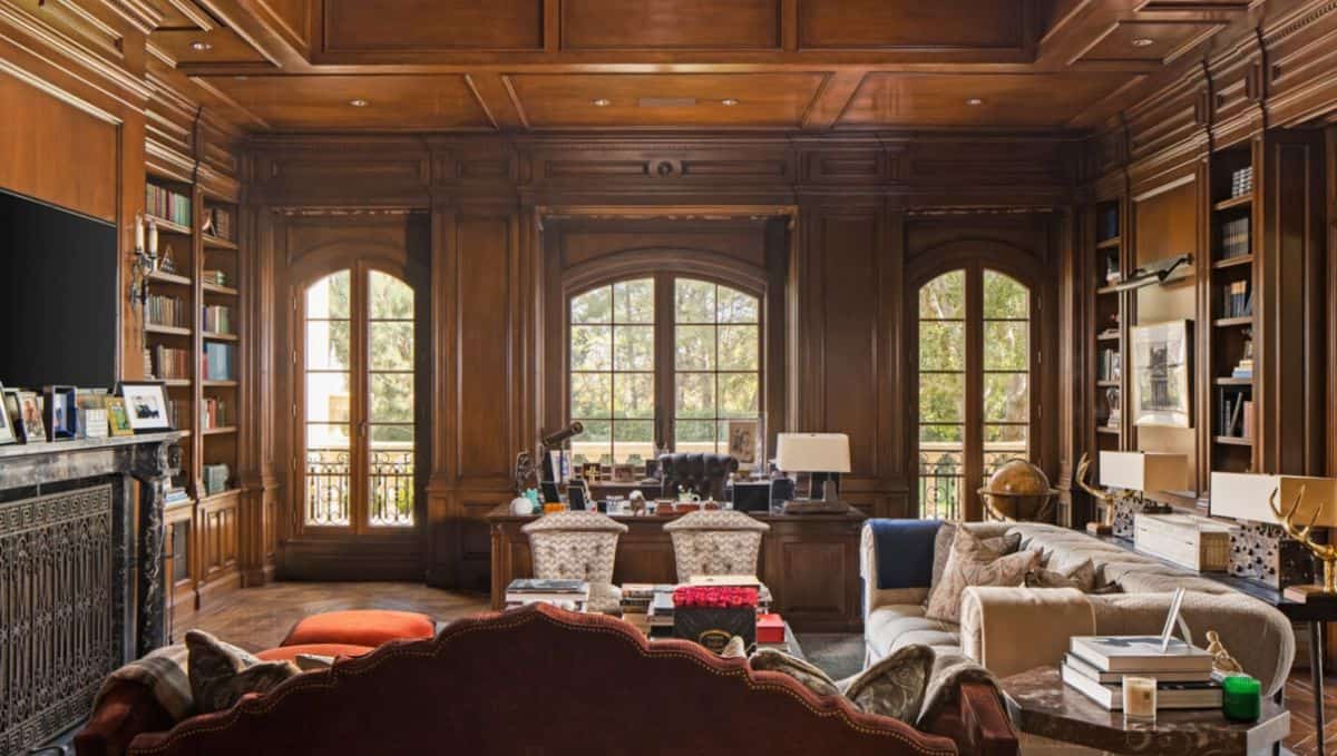 The wood-panelled library inside Mark Wahlberg's home.