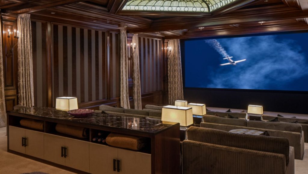 The home theatre is pictured inside the mansion.