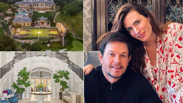 Mark Wahlberg pictured with photos of his mega mansion.