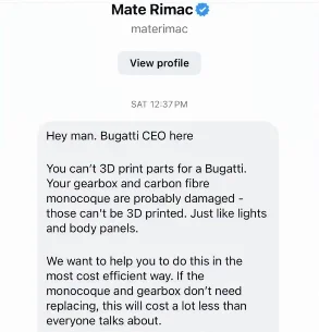 Bugatti CEO responds after Florida man gives him a 24-hour ultimatum to un-blacklist his car or he’ll 3D print it