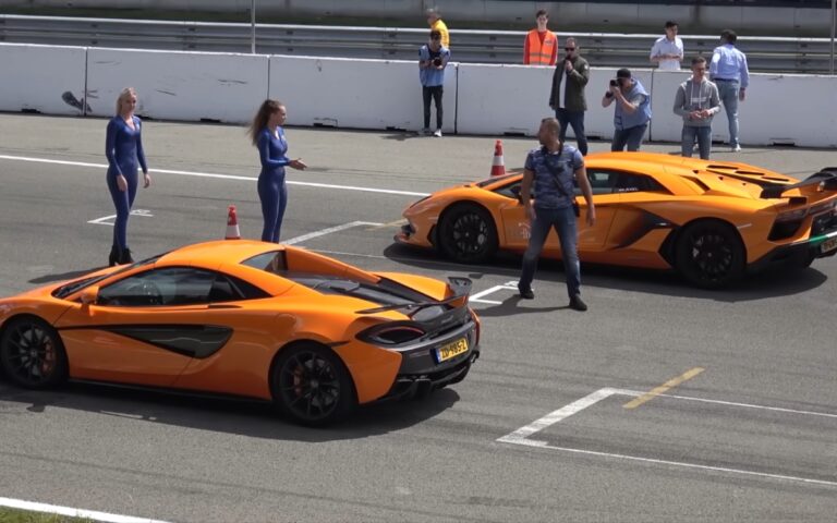 A McLaren 570S and Lamborghini Aventador SVJ went to head-to-head in a tense supercar showdown