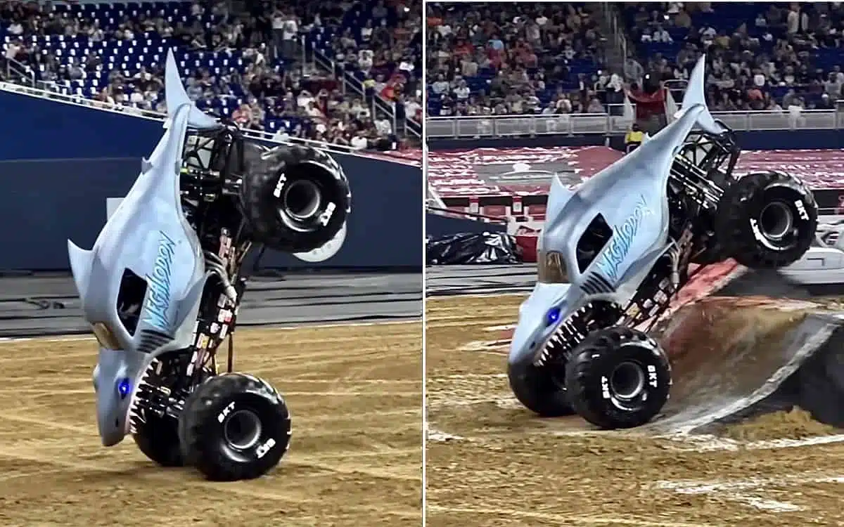 Megalodon monster truck does a wheelie on its front wheels