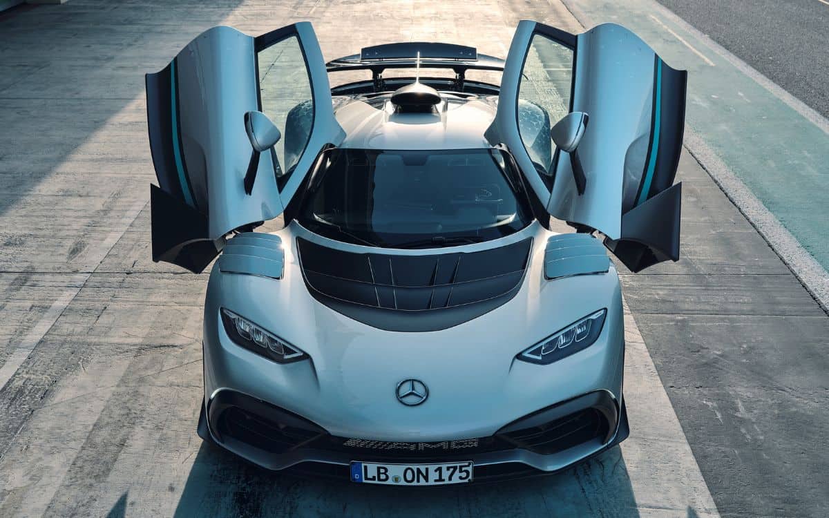 The Mercedes AMG One with the doors raised.