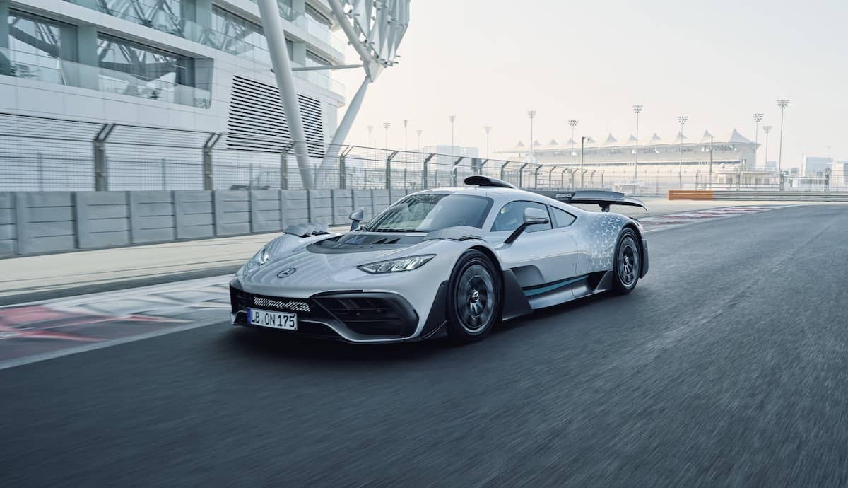 The Mercedes-AMG One driving on a racetrack