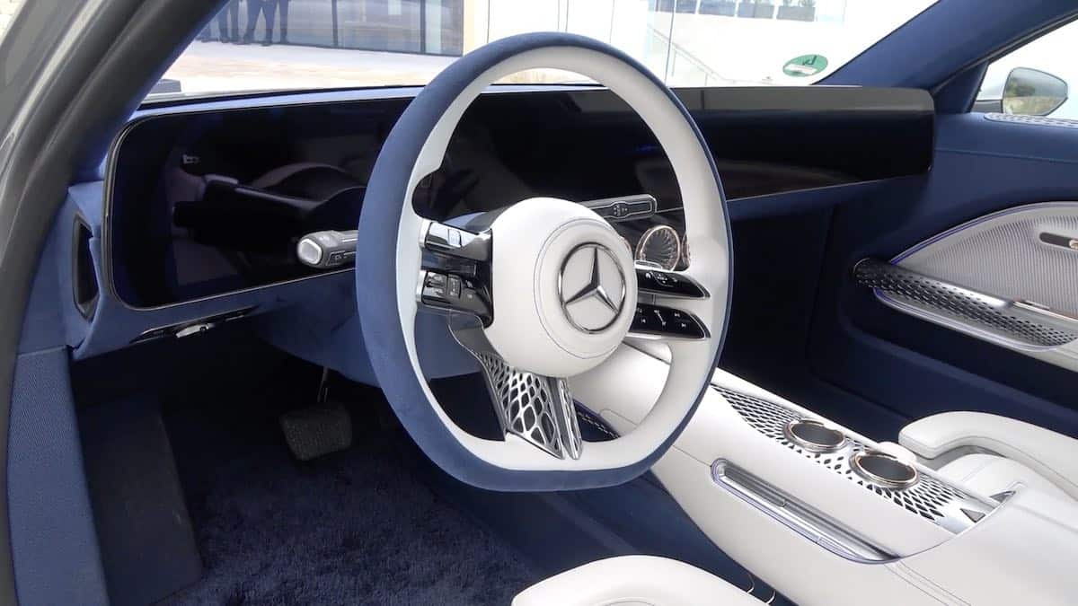 The blue and white interior of the Mercedes EQXX